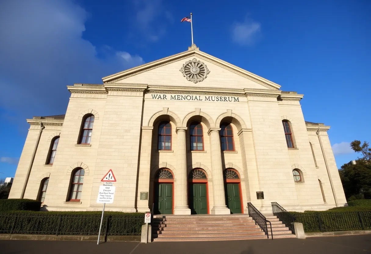 Exterior view of the Auckland War Memorial Museum with safety signage.