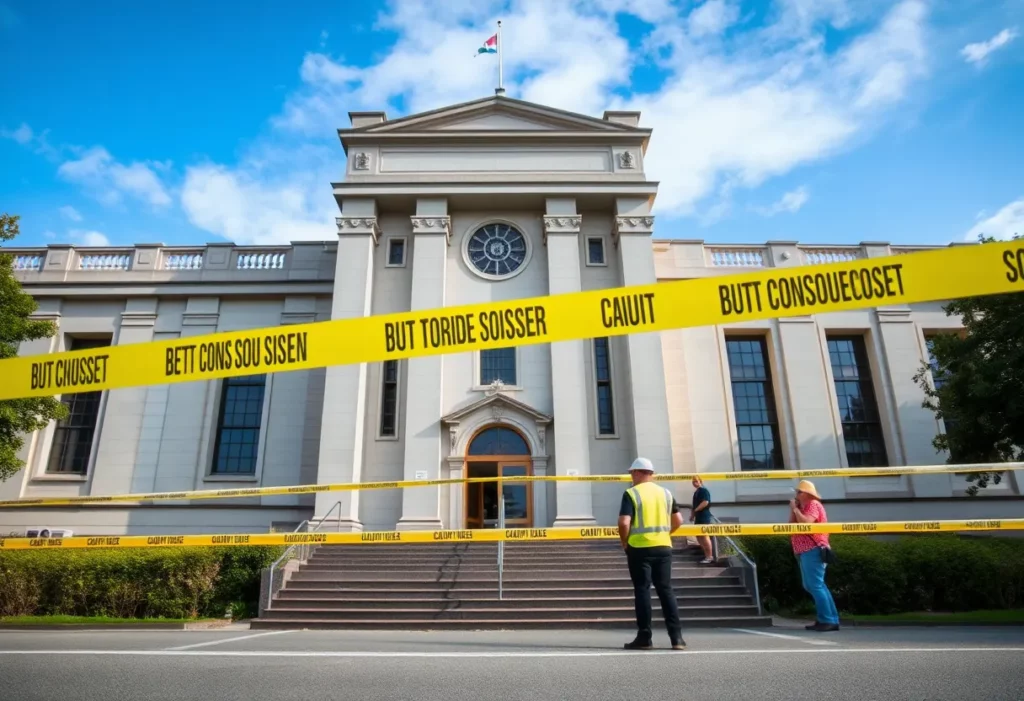 Auckland War Memorial Museum with caution signs indicating closure due to asbestos.