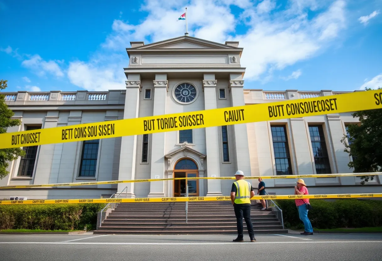 Auckland War Memorial Museum with caution signs indicating closure due to asbestos.