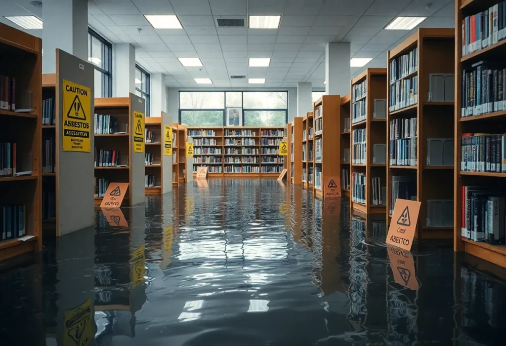 Flooded section of Ballston Spa Public Library showing water damage and caution signs.