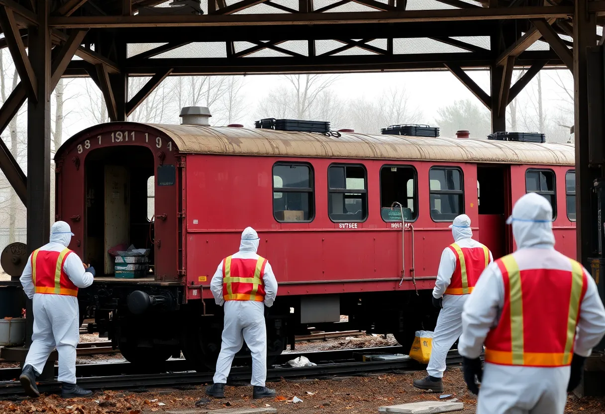 Workers in protective gear removing asbestos from a historic park train car