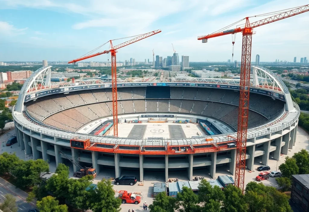 Construction of the new stadium in Berlin with cranes and workers.