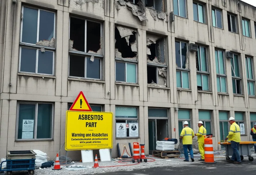 Cayuga County Office Building with contamination warnings.