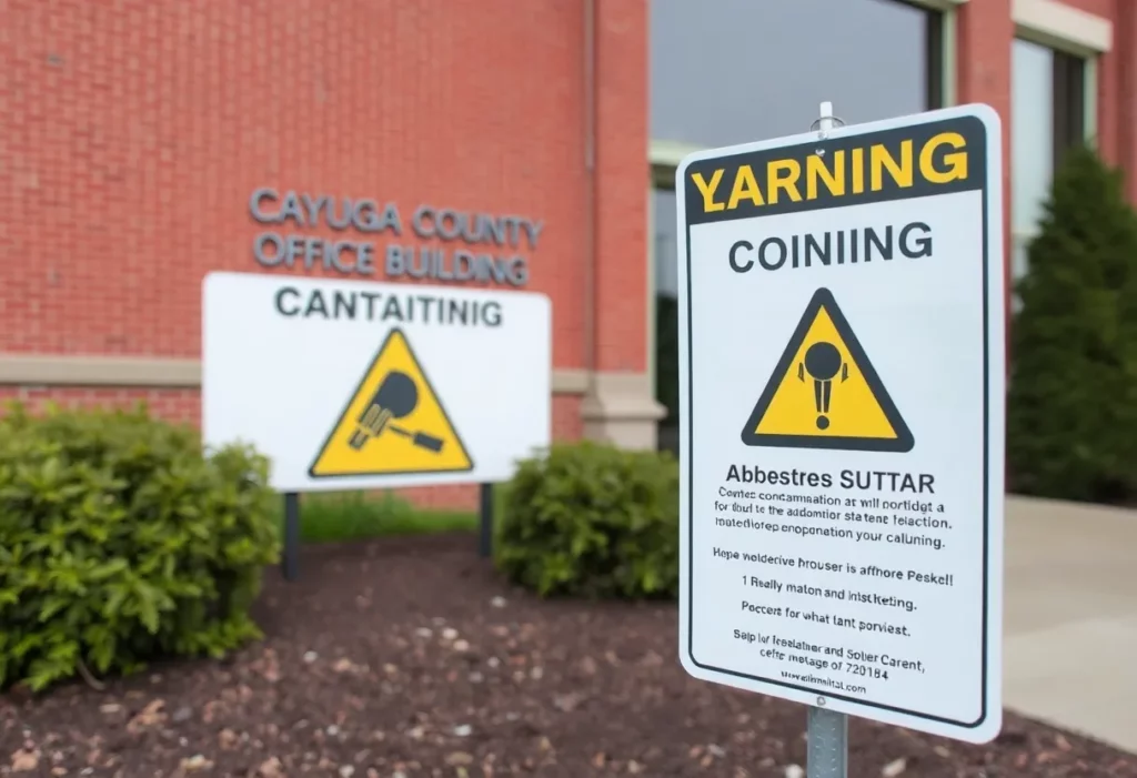Warning sign about asbestos contamination in Cayuga County Office Building.