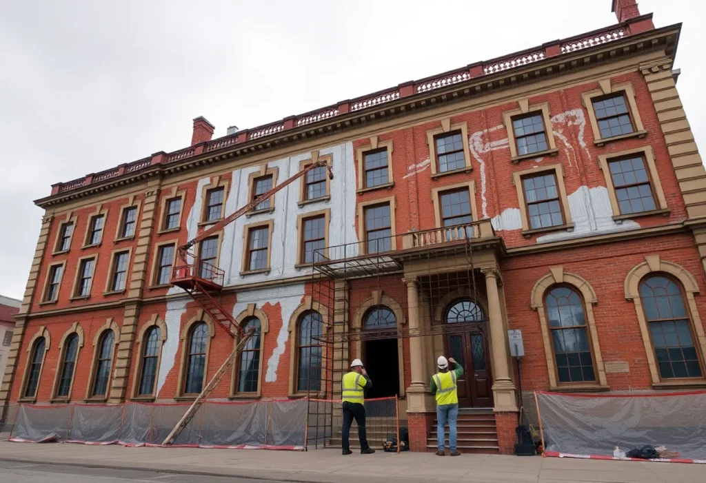 Centennial Hall undergoing asbestos abatement with workers and safety equipment.