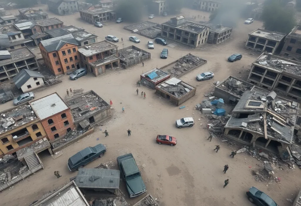 Aerial view of Chasiv Yar showing destruction and military presence.