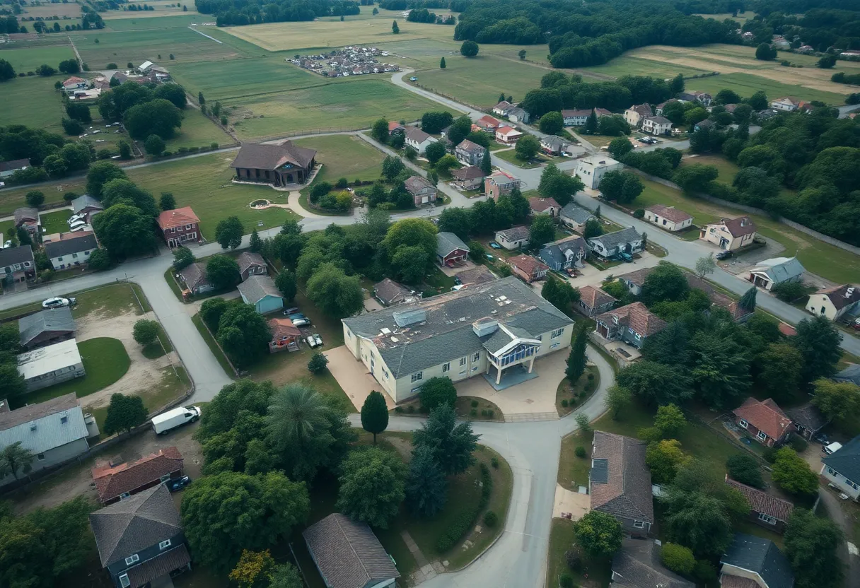 Aerial view of Libby, Montana with the Center for Asbestos Related Disease prominently displayed.
