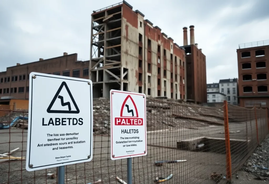 Demolition site of old Coca-Cola plant with asbestos warnings