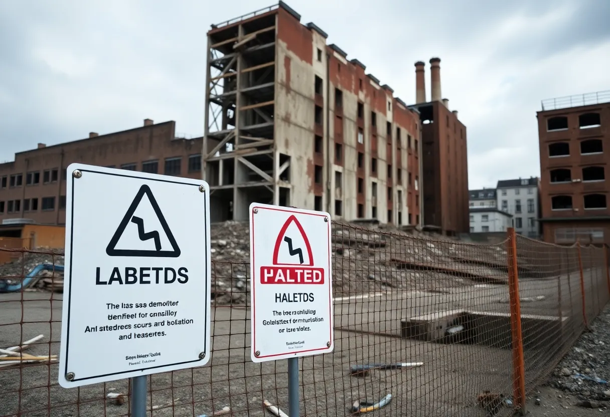 Demolition site of old Coca-Cola plant with asbestos warnings
