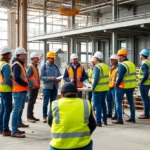 Construction workers discussing mental health and safety