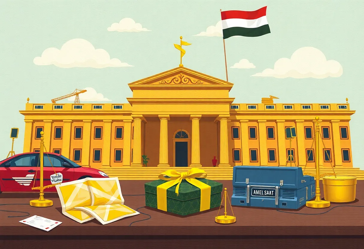 Illustration depicting the corruption linked to the Free State asbestos case with luxury assets and legal symbols.