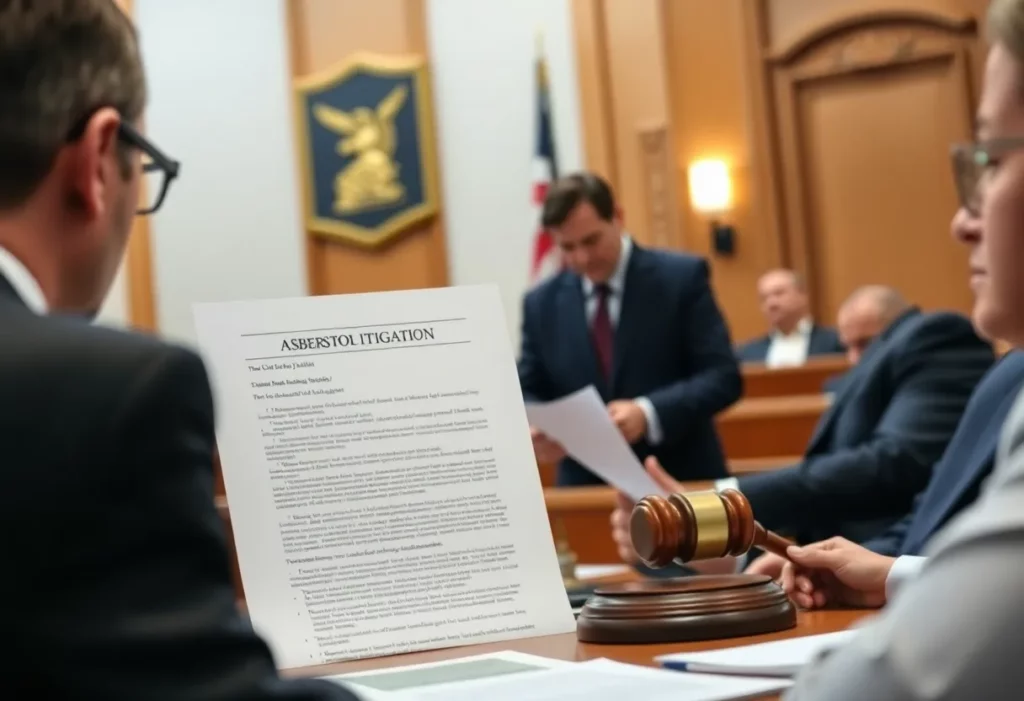 A courtroom scene during a hearing on asbestos-related bankruptcy.
