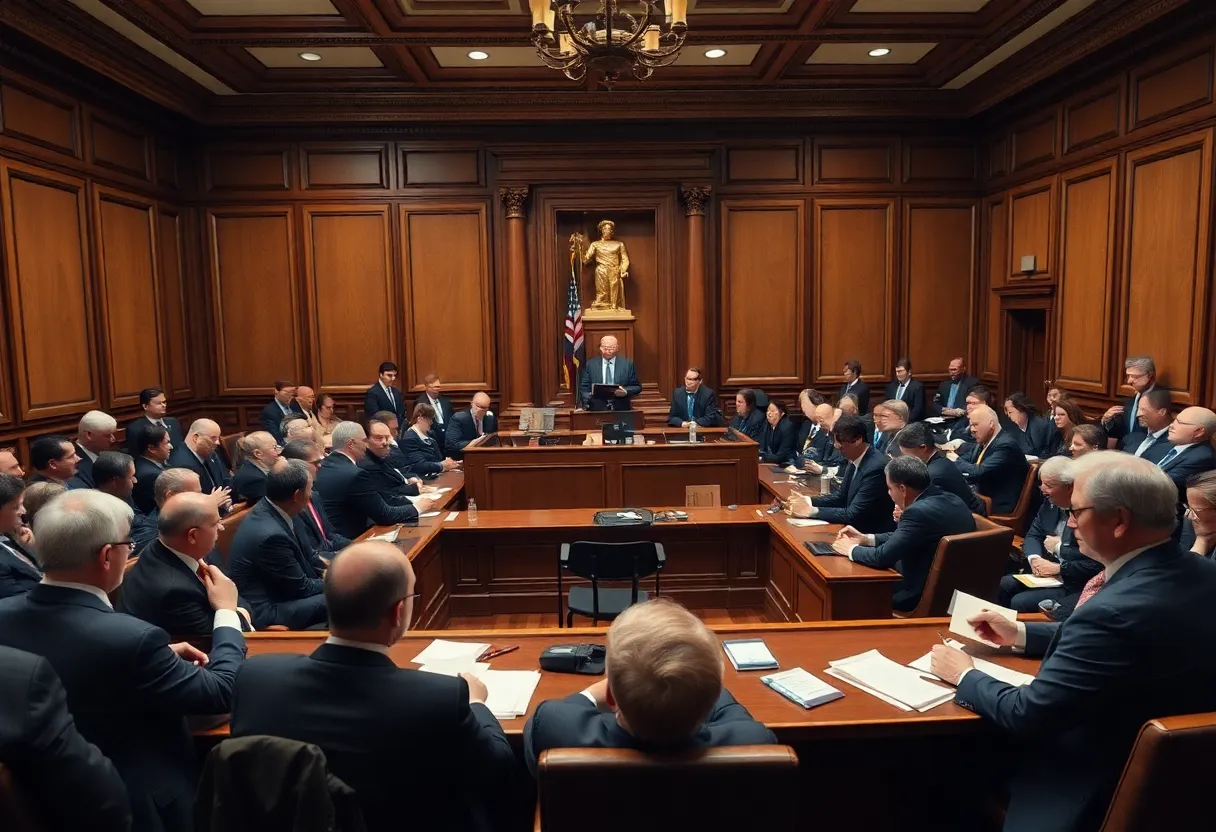 A scene from the courtroom during the high court trial regarding asbestos roofing corruption.