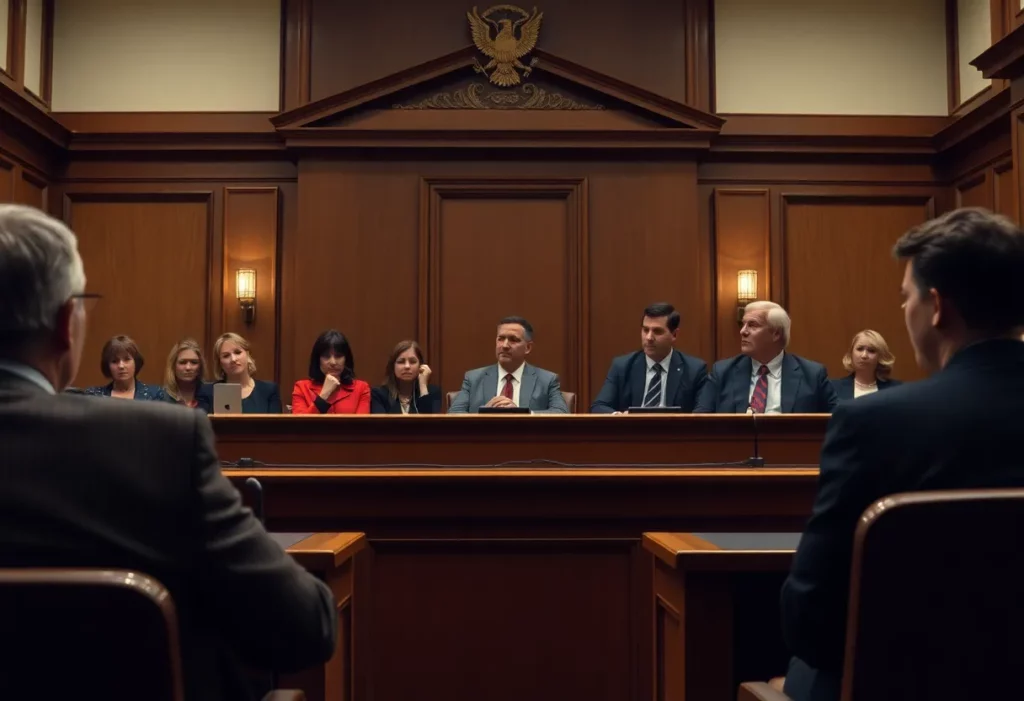 A courtroom scene highlighting a jury deliberation in an asbestos exposure case.