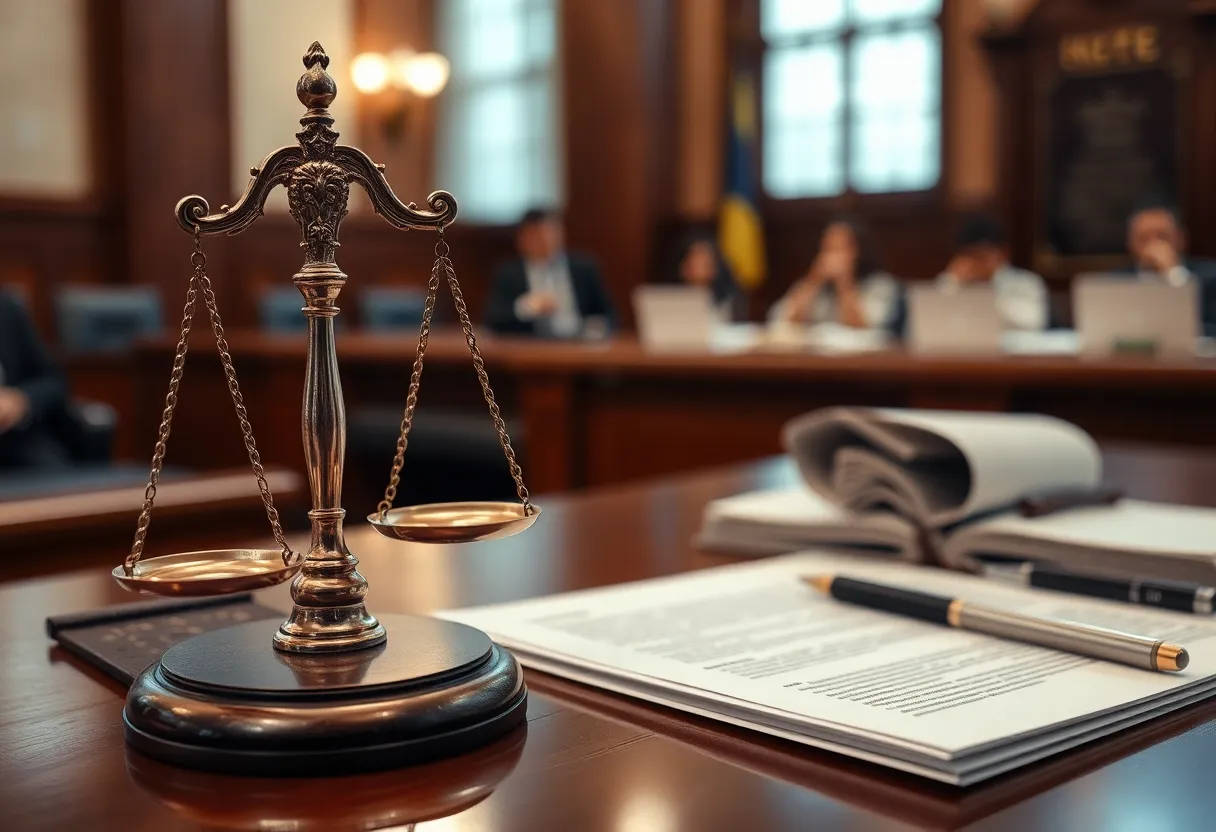 A courtroom scene showcasing the legal process of a mesothelioma lawsuit.