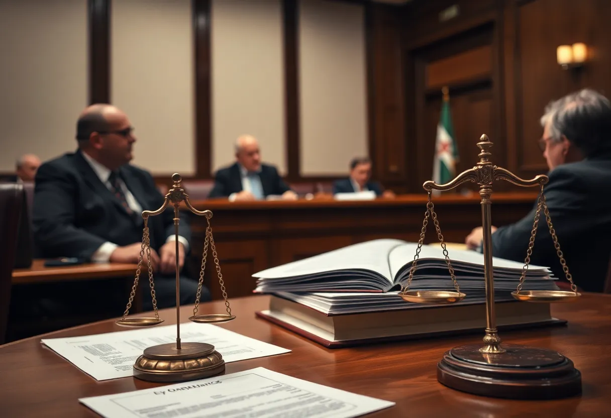 Judges deliberating on asbestos liabilities in a courtroom.