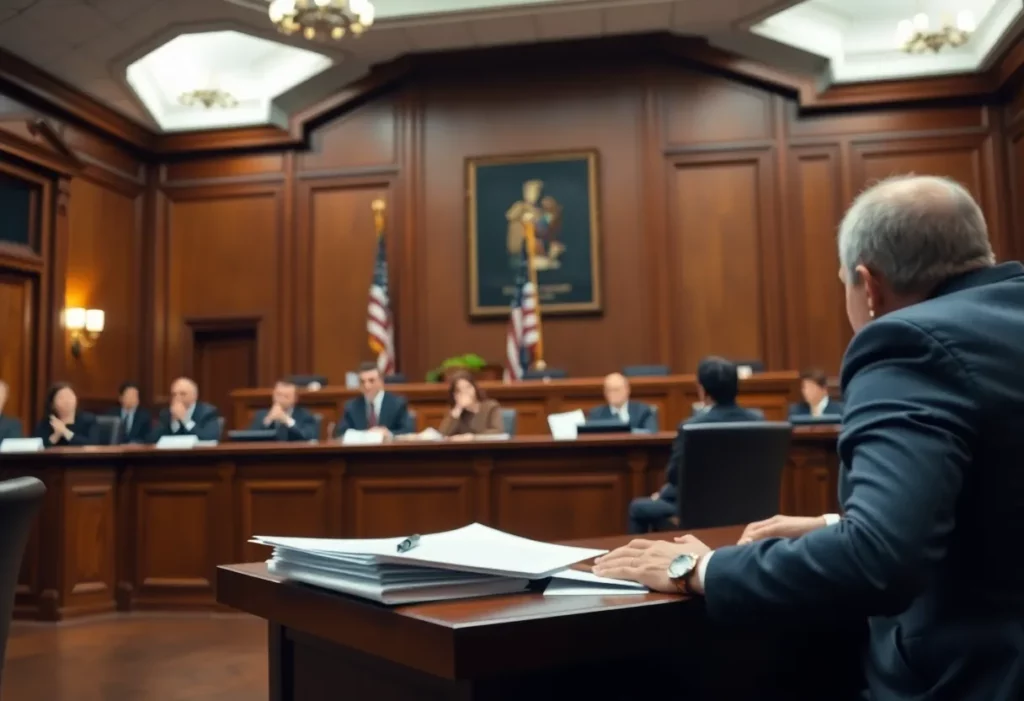 Tense courtroom scene representing the legal battle over mesothelioma research