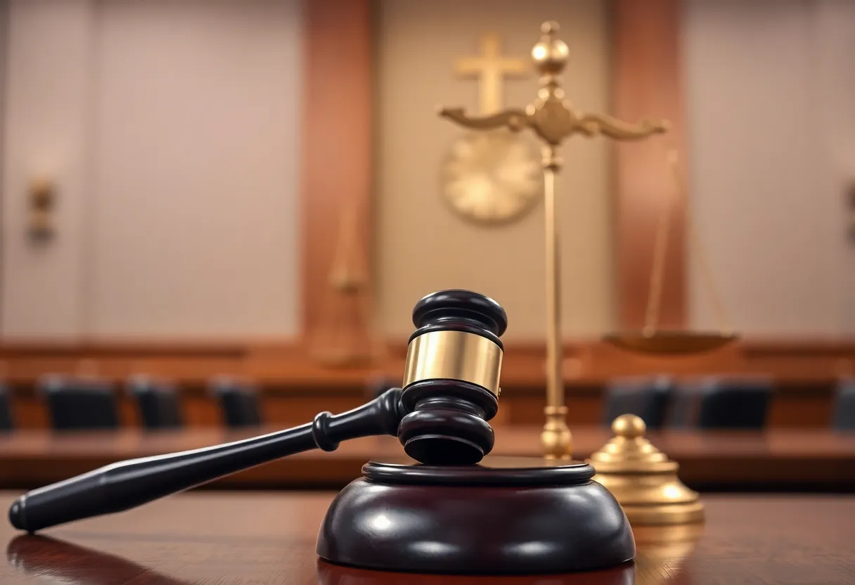 A courtroom setup with a gavel and legal decor representing a mesothelioma lawsuit.