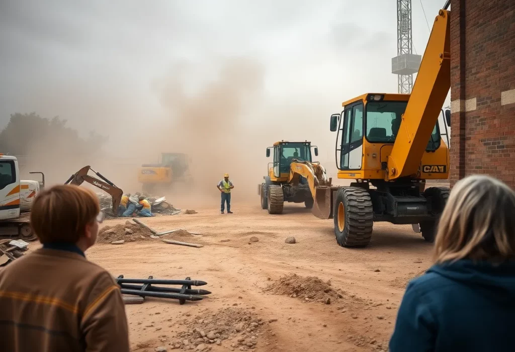 Dusty construction site in Crossford with heavy machinery