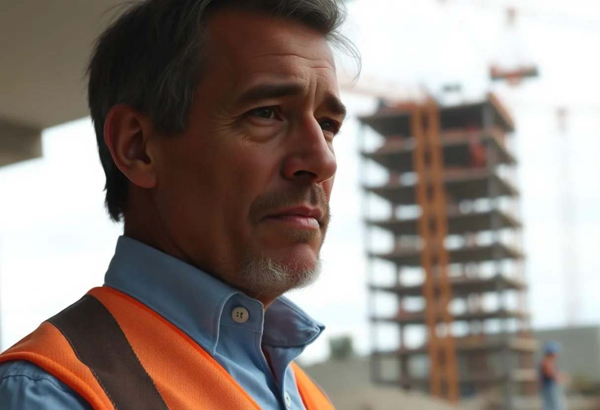 Portrait of David Darby, mesothelioma victim with construction site