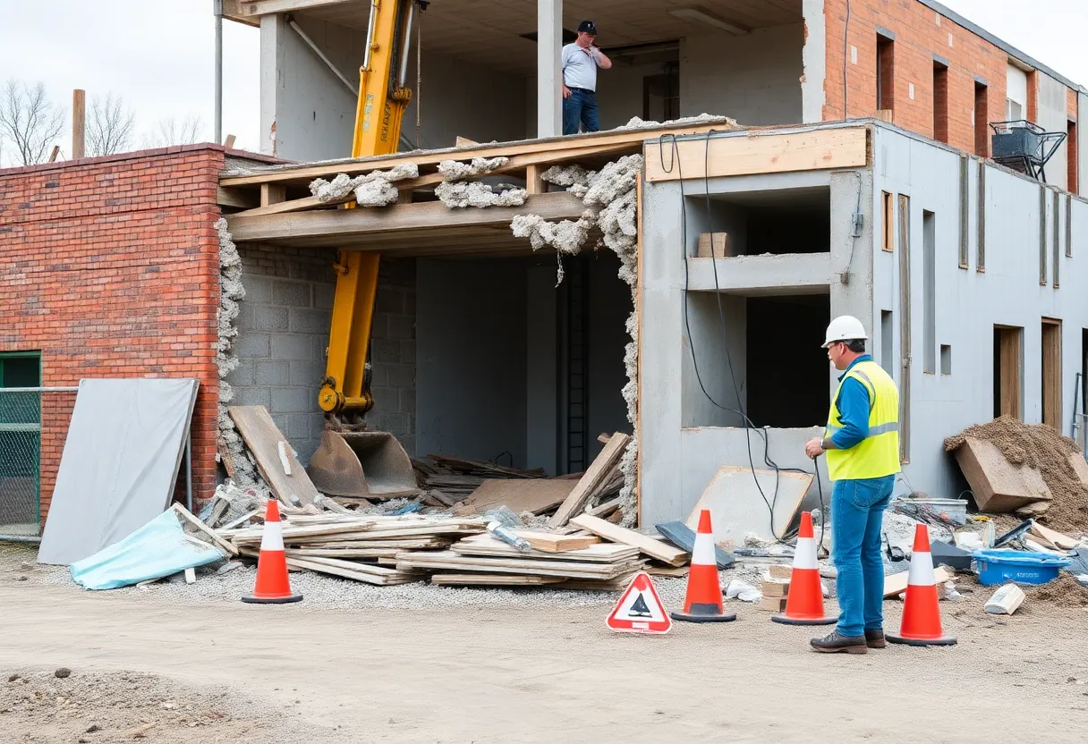 Construction workers at a demolition site in Reading, PA taking safety precautions