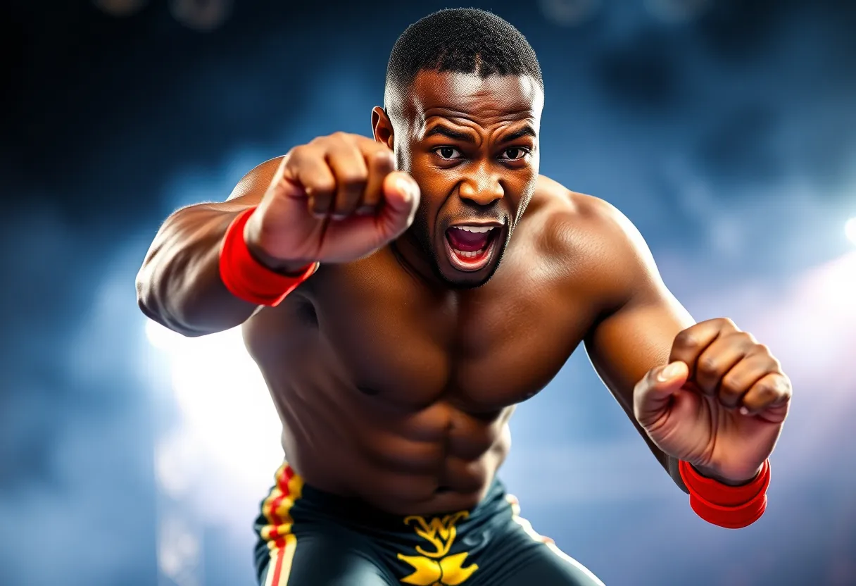 EJ Nduka in an action pose during a wrestling match.