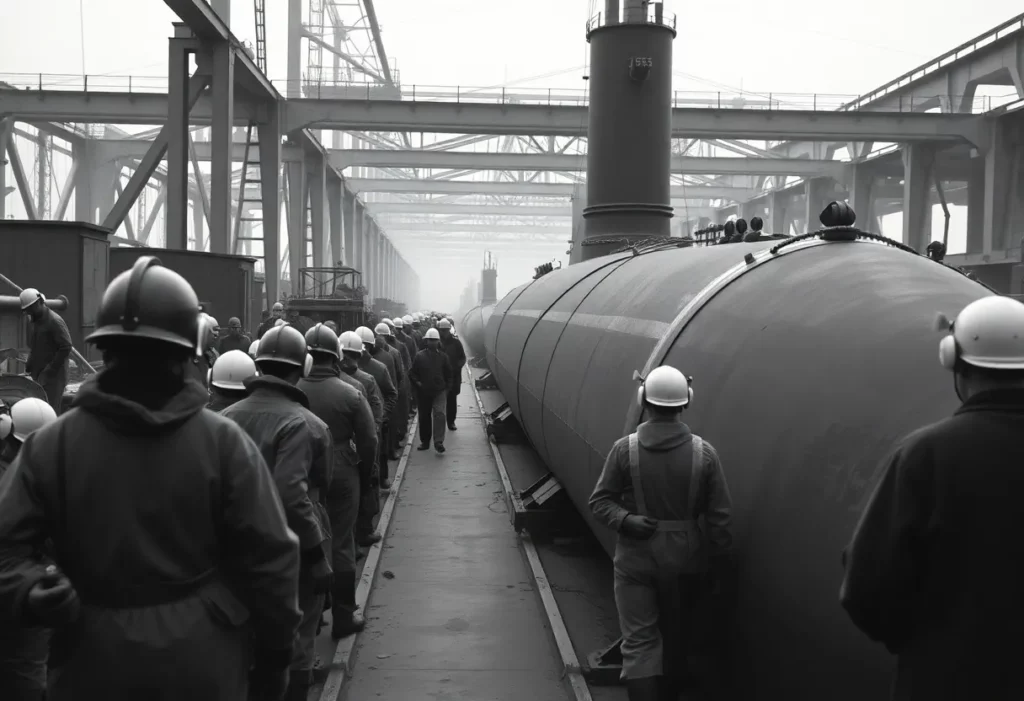 Workers at Electric Boat Shipyard in the early 20th century, focusing on construction safety.
