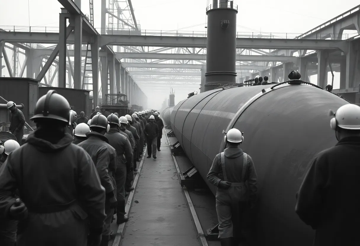 Workers at Electric Boat Shipyard in the early 20th century, focusing on construction safety.