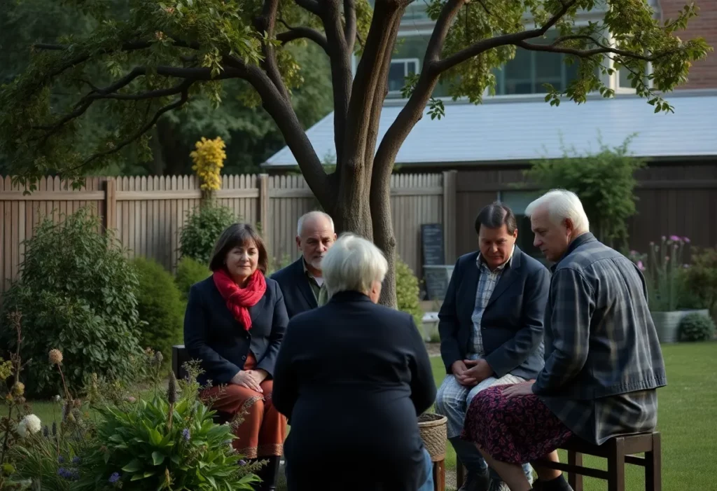 Family gathering in a garden reflecting on loss