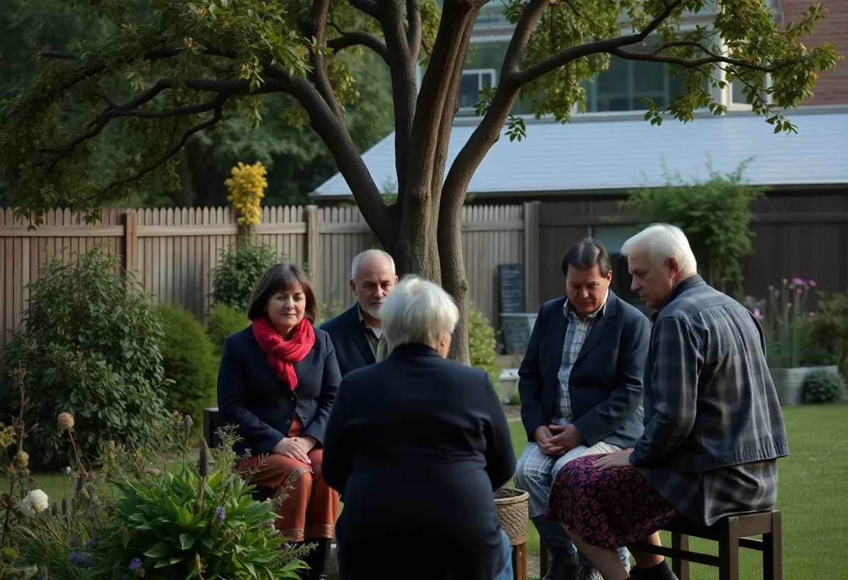 Family gathering in a garden reflecting on loss