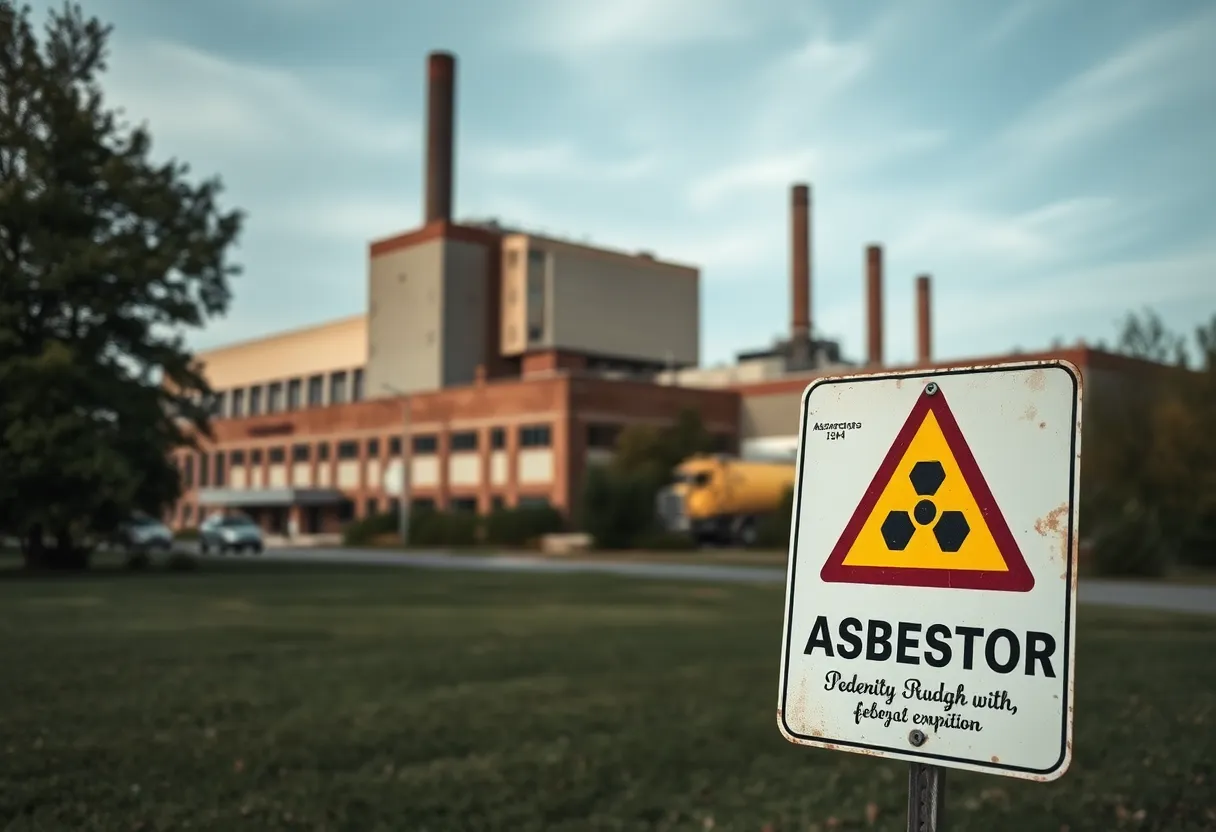 Exterior view of the Federal-Mogul plant with warning signs about asbestos exposure.