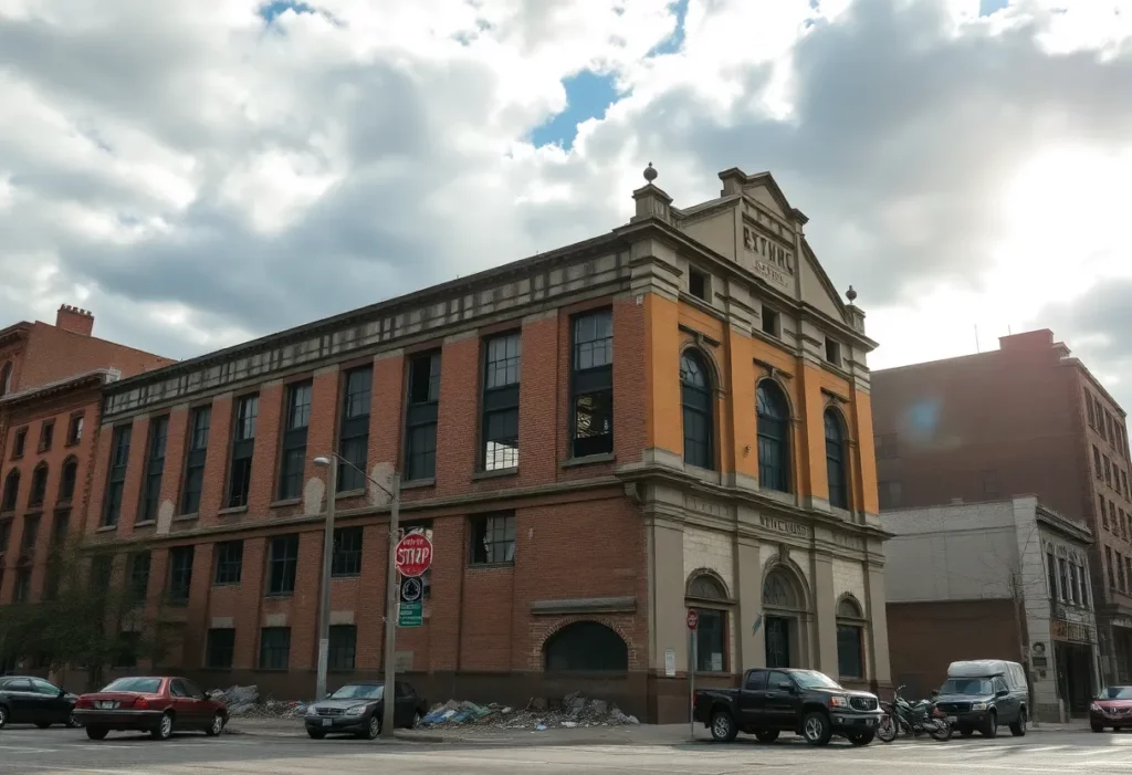 Deteriorating exterior of the historic G.E. Richards Building in Lancaster