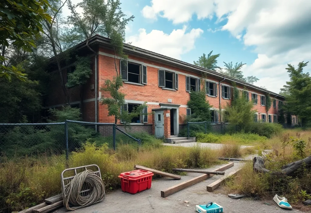 Abandoned Hastings Middle School building, preparation for cleanup.