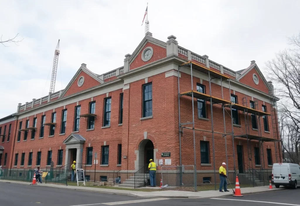 Construction workers renovating Hastings Middle School for asbestos cleanup.
