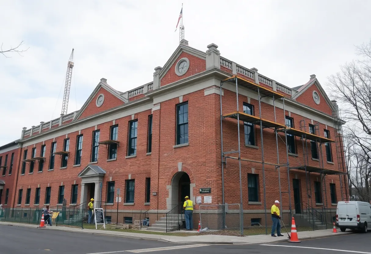 Construction workers renovating Hastings Middle School for asbestos cleanup.