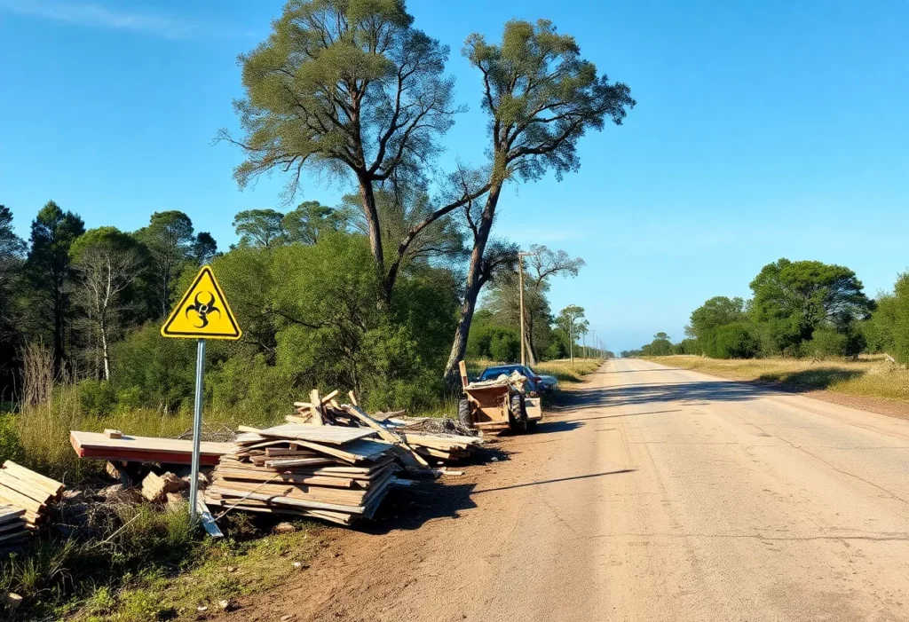 Scene of a fly-tipping incident showing debris and hazardous material on a road.