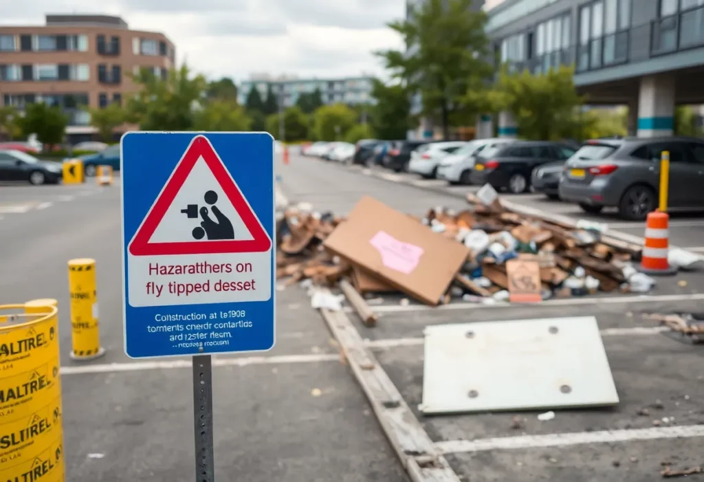 Warning sign in a public car park regarding hazardous materials and fly-tipping.