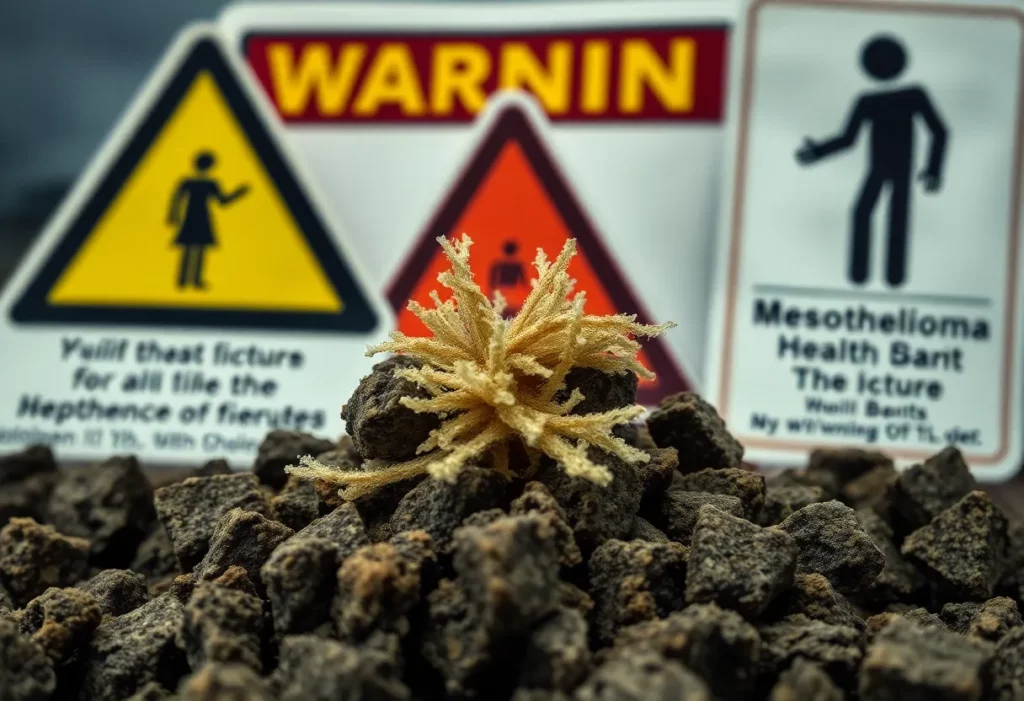 An illustration depicting asbestos fibers with warning signs, representing its health hazards.