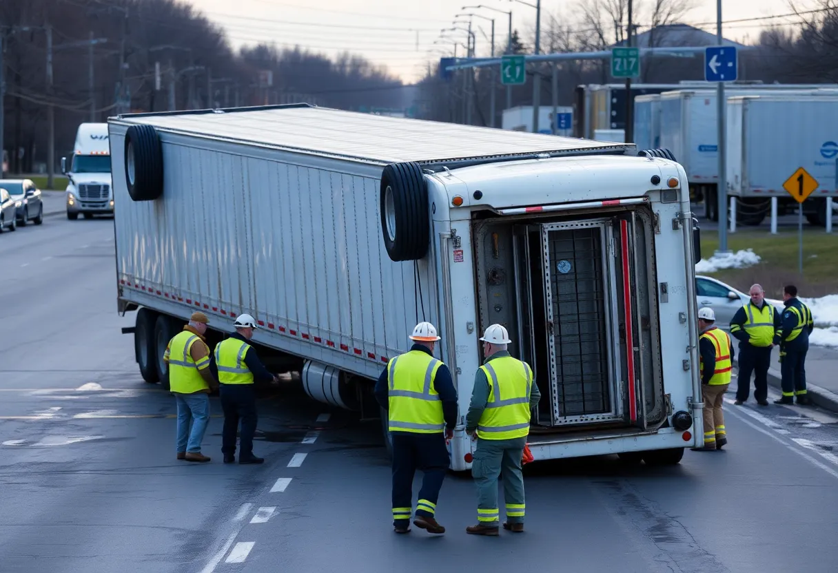 Emergency teams responding to an overturned tractor-trailer containing asbestos-contaminated waste.
