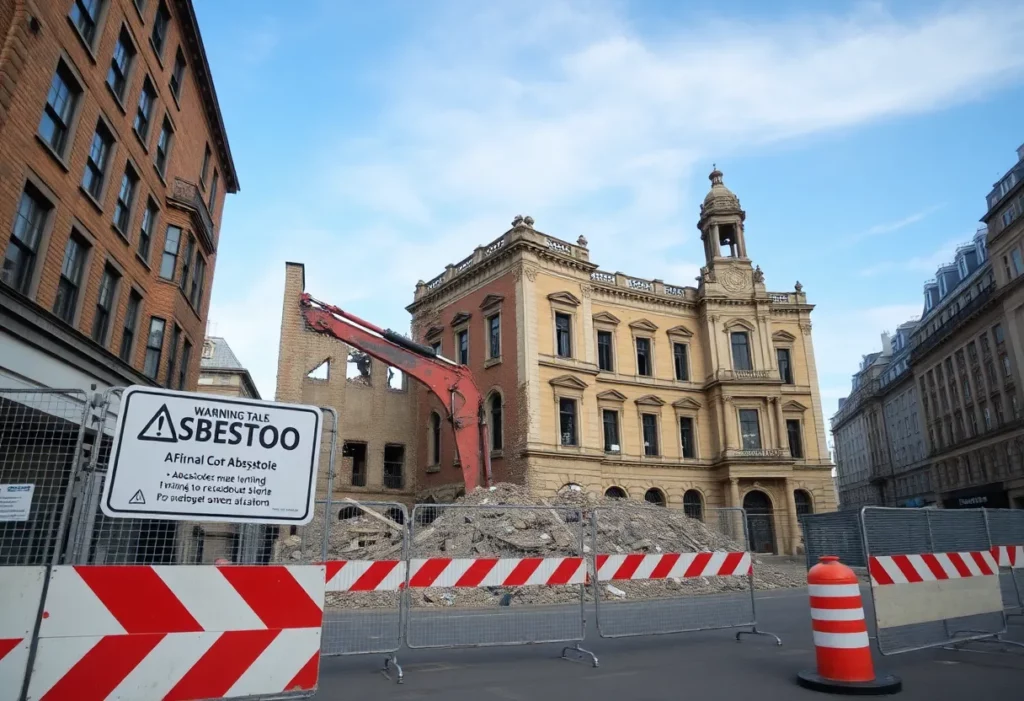 Demolition site of a historic building with asbestos warning signs