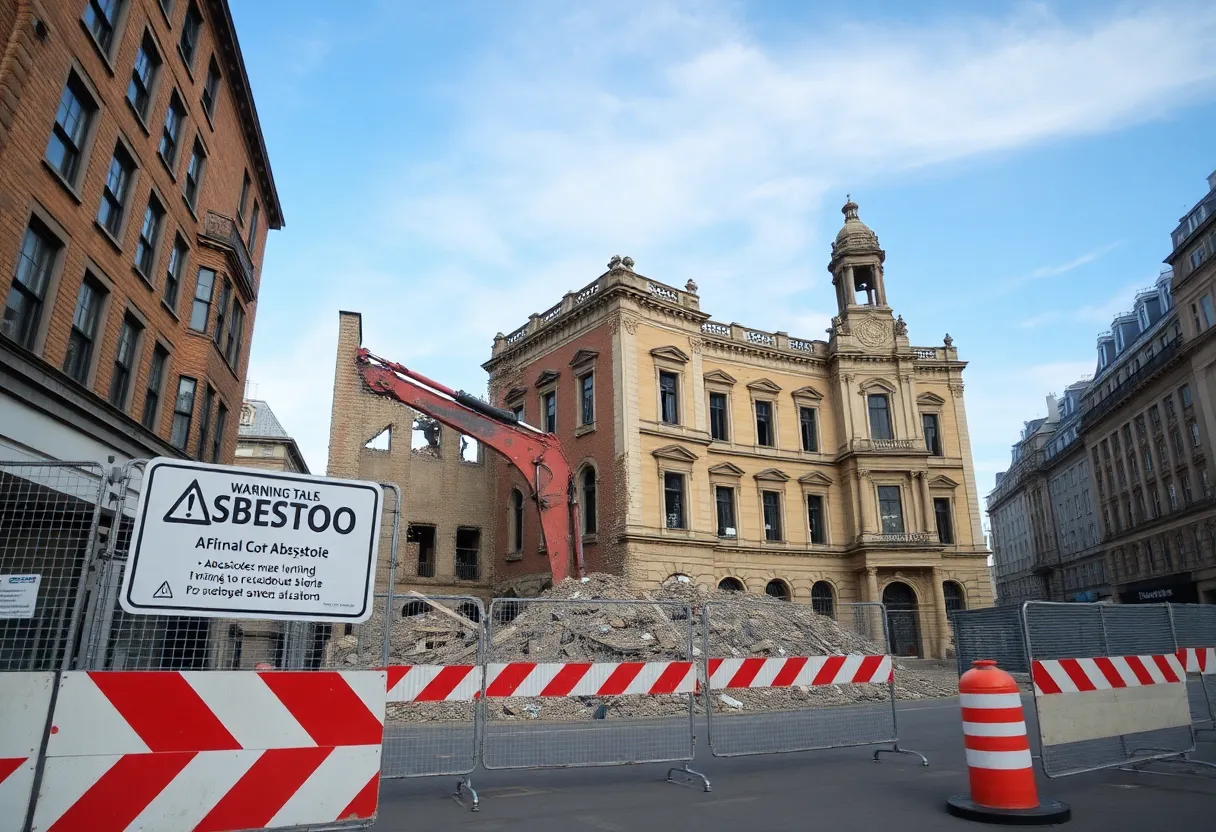 Demolition site of a historic building with asbestos warning signs