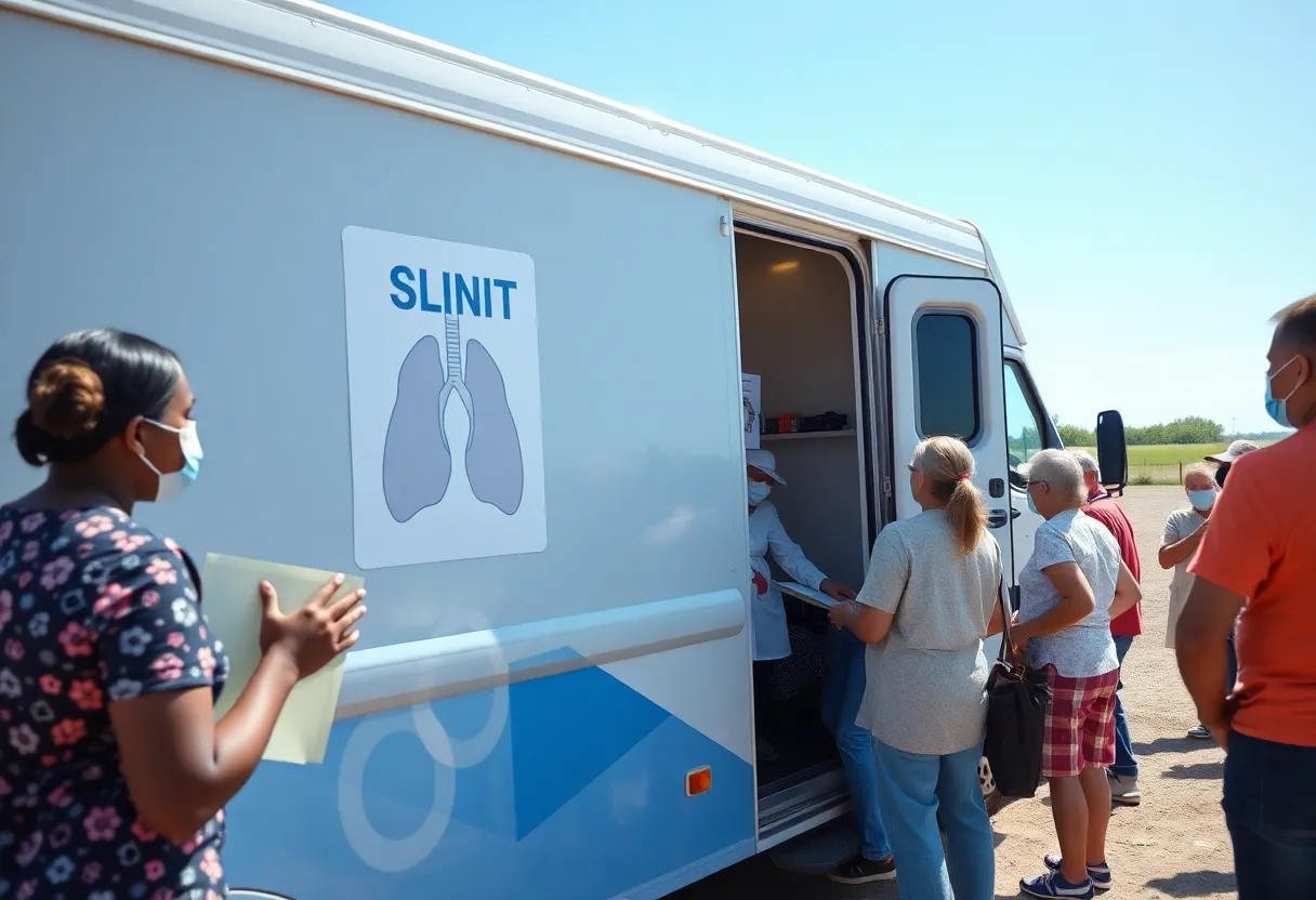 icare Lung Bus parked in a bustling town square, offering lung health screenings.