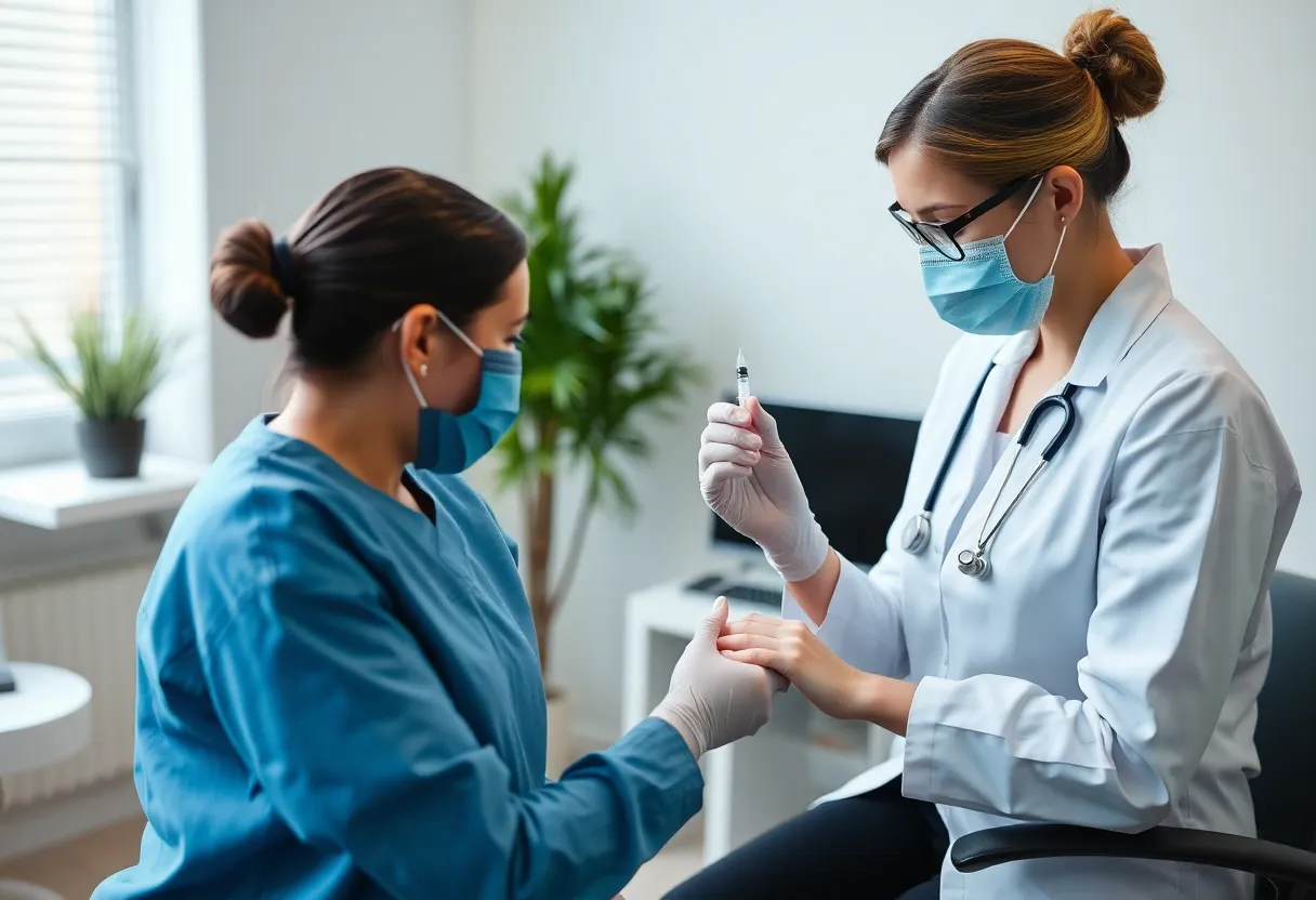 Healthcare provider giving injectable Opdivo to mesothelioma patient