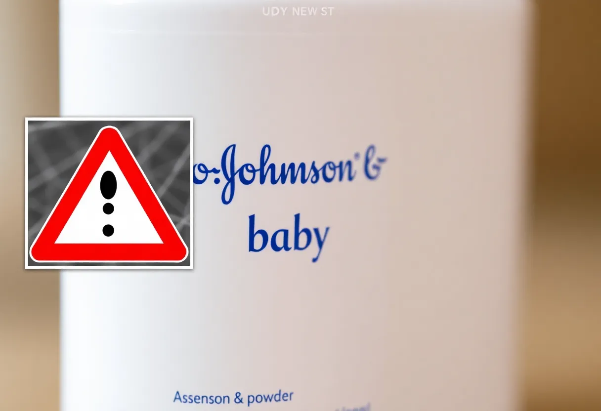Johnson & Johnson baby powder with asbestos warning symbol