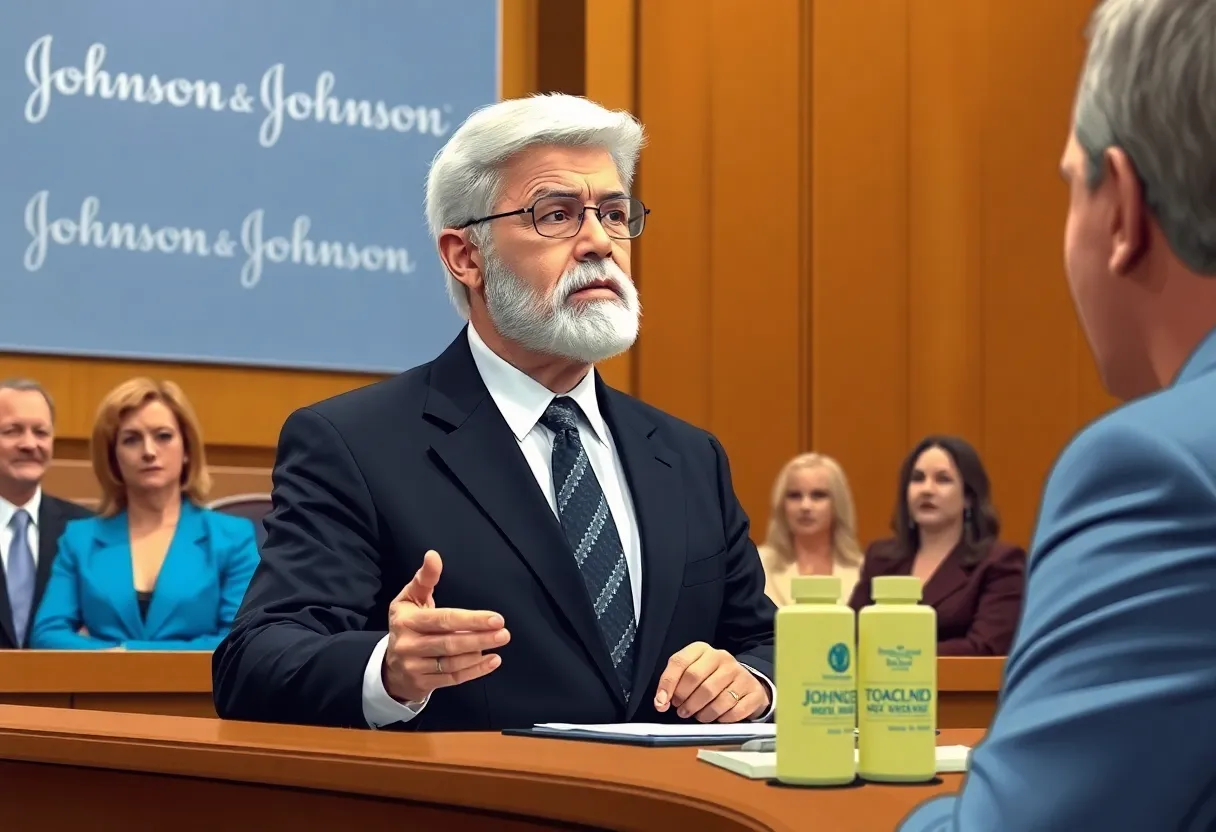 Courtroom scene depicting legal proceedings over Johnson & Johnson talc lawsuit