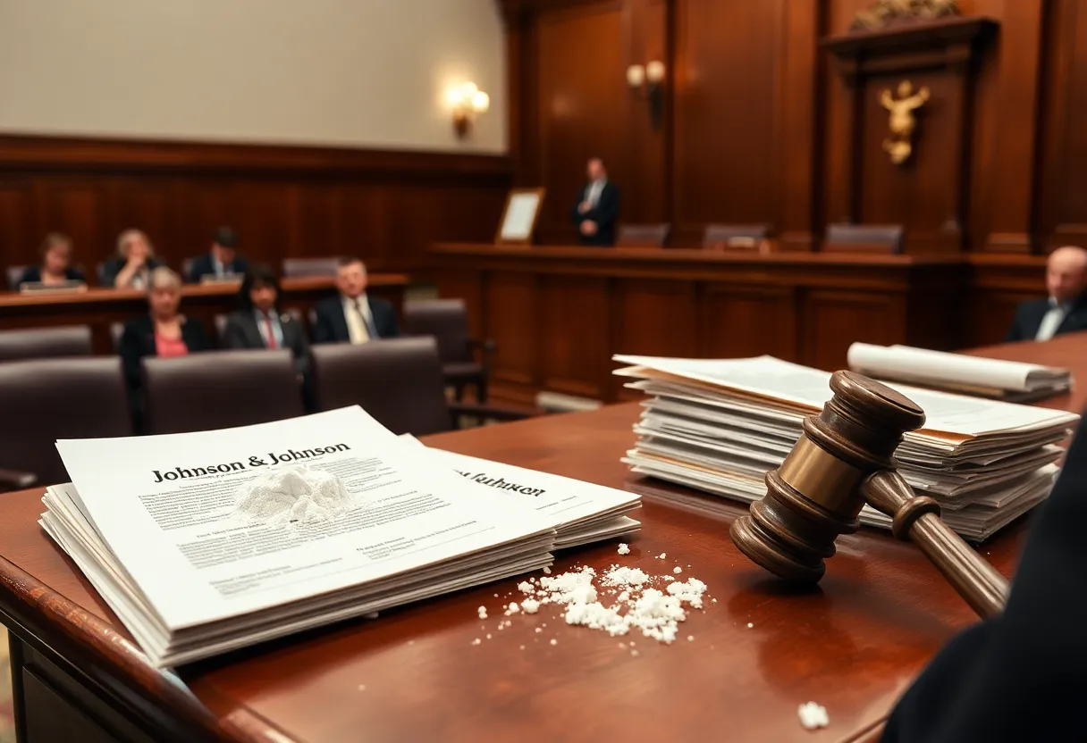Courtroom scene focused on Johnson & Johnson talcum powder asbestos lawsuits.