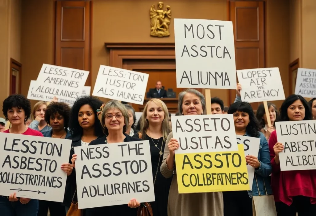 Advocates for justice holding signs in a courtroom setting.