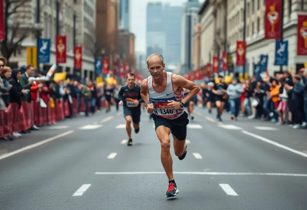Marathon runner persevering while surrounded by cheering spectators.