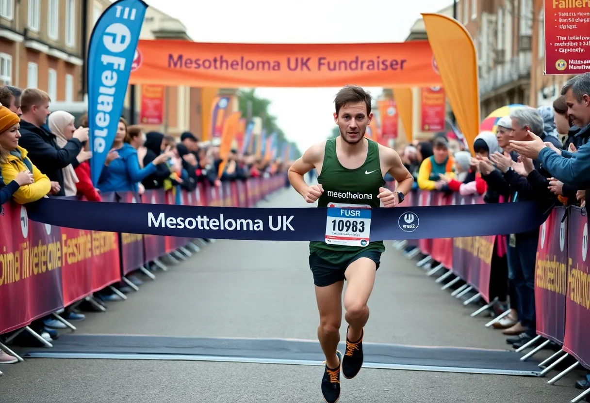 Kev Flaherty crossing the marathon finish line to raise funds for Mesothelioma UK