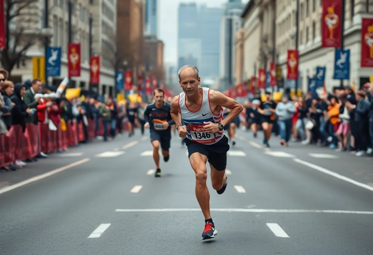 Marathon runner persevering while surrounded by cheering spectators.
